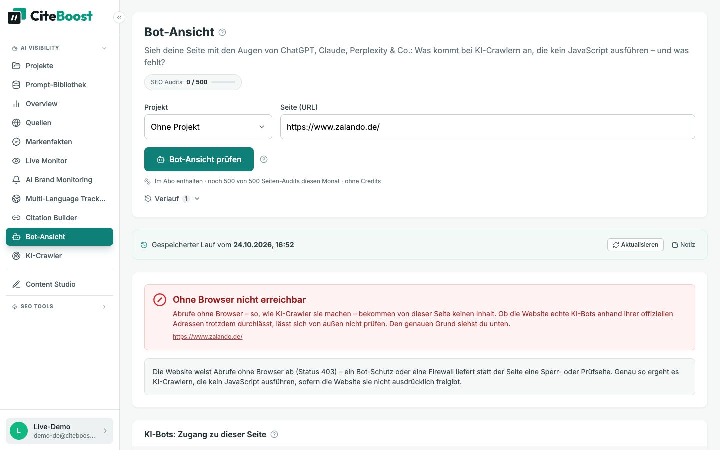 Bot-Ansicht in CiteTop: Zalando weist Abrufe ohne Browser ab, so wie KI-Crawler sie machen
