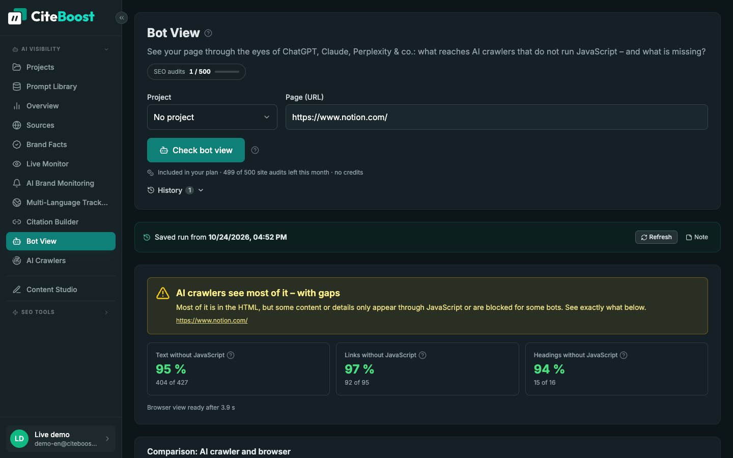 Bot view in CiteTop: notion.com without JavaScript compared with the rendered page