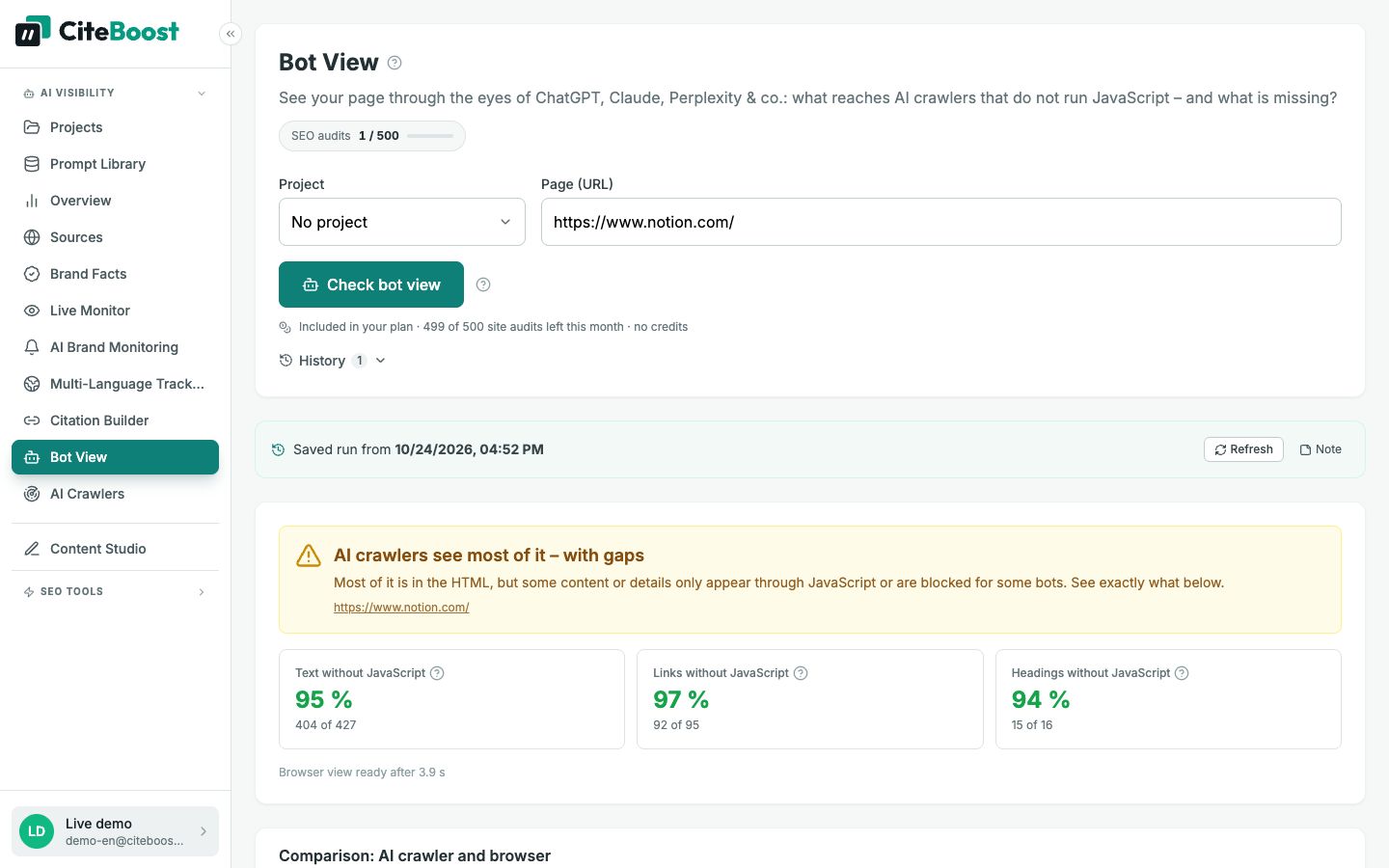 Bot view in CiteTop: notion.com without JavaScript compared with the rendered page