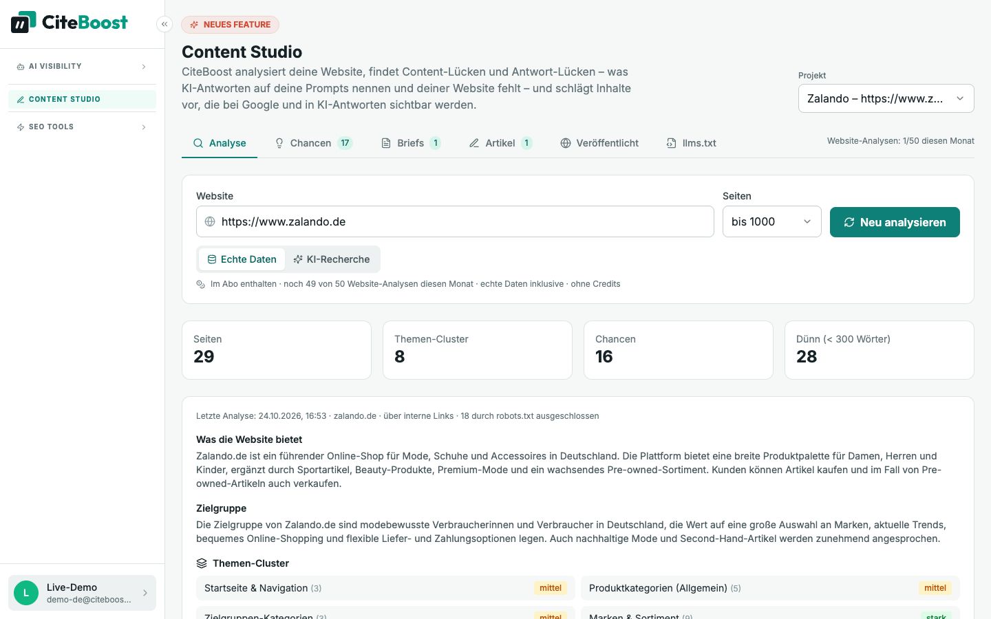 Content Studio in CiteTop: Website-Analyse von zalando.de mit Seiten, Themen-Clustern und Chancen