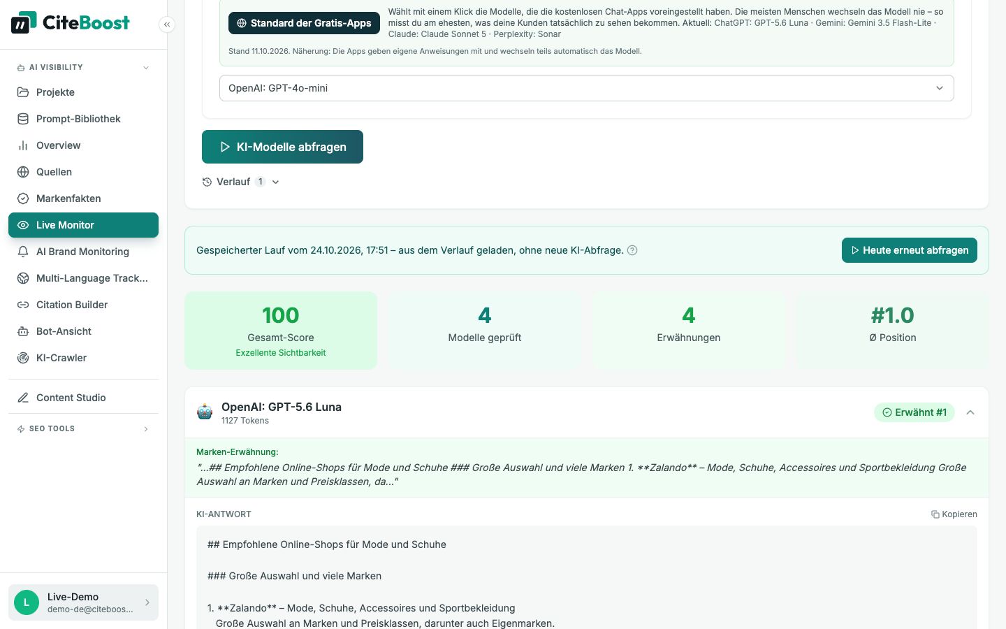 Live Monitor in CiteTop: Abfrage zu Online-Shops für Mode und Schuhe mit vier KI-Modellen