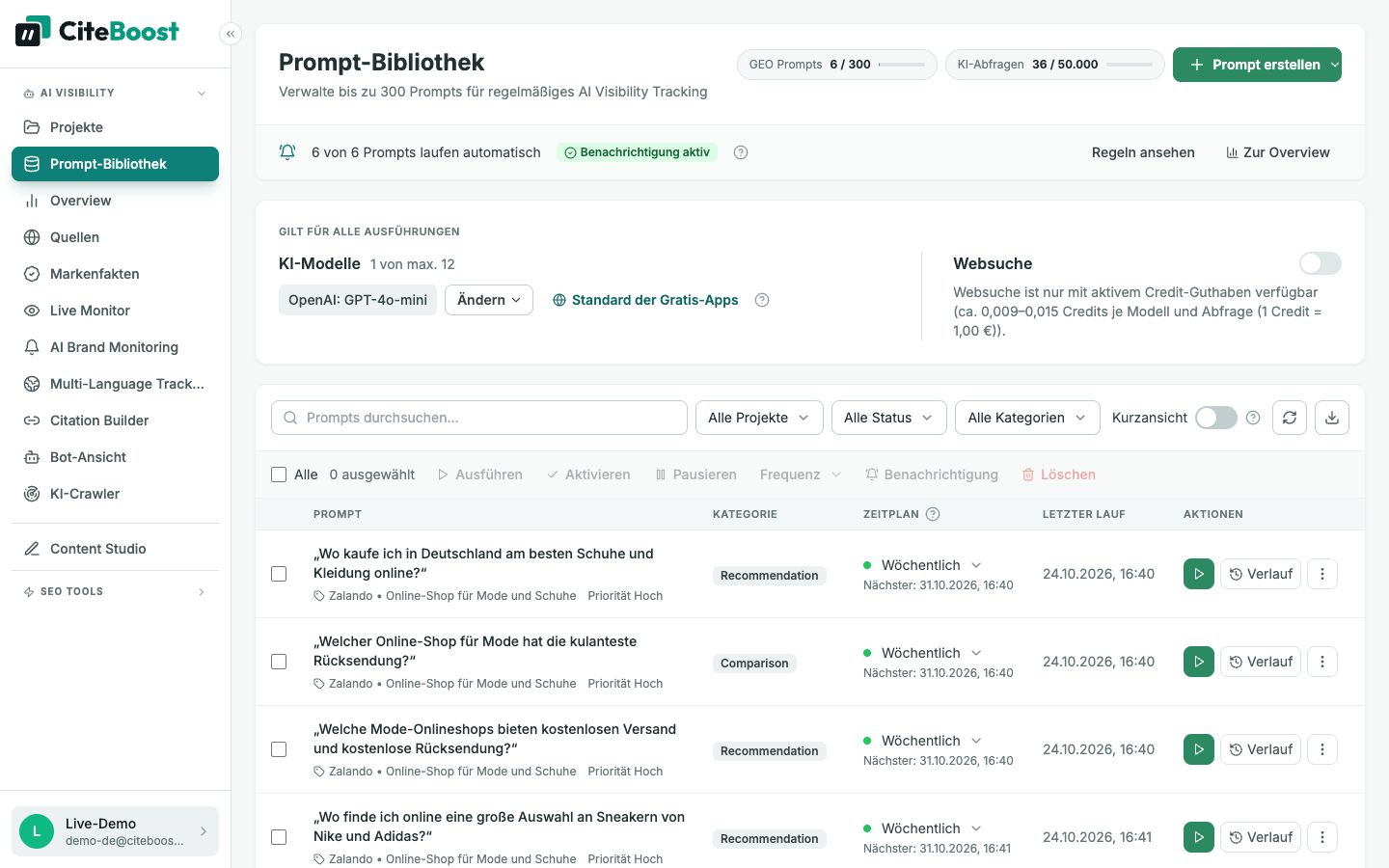 Prompt-Bibliothek in CiteTop: Fragen zu Online-Mode mit wöchentlichem Zeitplan und letzten Läufen