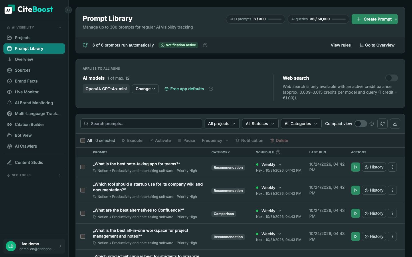 Prompt library in CiteTop: questions about note-taking apps with weekly schedule and latest runs